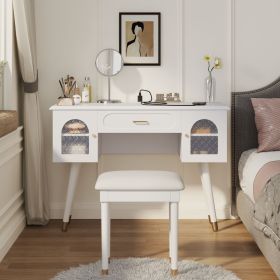 Elegant Vanity Makeup Table & Chair Set, Modern Dressing Table with Organizer, Writing Desk, Charging Port, White